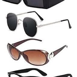 Unisex UV 400 Protected Square, Butterfly, Retro Sunglasses For Women And Men | Stylish Classic Shades Black, Brown, Clear | Latest Branded Combo Offer Pack Of Fashion Glasses With Box #1954-image-95