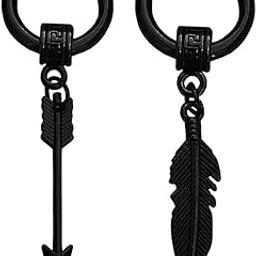 Arrowhead With Feather And Ring Long Chai Titanium Steel Black Stainless Hoop Earrings For-image-7