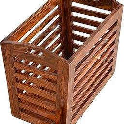 Woodsfy Solid Sheesham Wood Storage Basket Box | Wooden Magazine Organizer/Crate/Bin | With Handle | 40 x 25 x 35 cm | Natural Honey Finish-image-0
