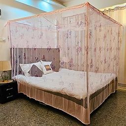 EMBOSSED Premium Mosquito Netting for King Size Bed | Queen Size Foldable Machardani | Insect Protection Net Cotton 30GSM Strong Net (LightPink Printed, 7x8)-27