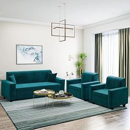 FURNY Wonders 5 Seater Fabric 3+1+1 Sofa Set for Living Room (Teal)-image-14