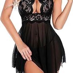 Polyester Spandex & Lace Floral Lingerie for Women Lace Babydoll with G-String Sleepwear Chemise V Neck Mesh Sleepwear Sling Dress Beautifull Babydoll Lingerie Honeymoon-image-85