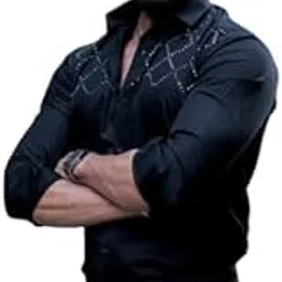 foomer Stylish Men Starry Beaded Cotton Shirt | Regular Fit Full Sleeve Shirt for Mens & Boys | Lightweight & Breathable | Shirts for Office, Casual, Party | Available Sizes S to 2XL-picture-4