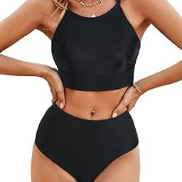 Women's Bikini Sets High Neck Tropical Leaf Print High Waisted Two Pieces Swimsuits Bathing Suits-image-48