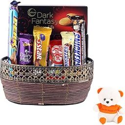 SFU E Com Premium Metal Basket With Loaded Creamy Chocolates | Valentine Love Teddy Bear With Chocolate Combo | Valentine Chocolate Hamper | 758-2