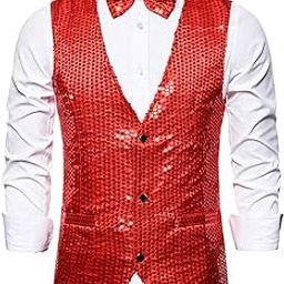 Mens Sequins Vest Button Down Bow Tie Jacket Fashion Party Costume XL Red Clothing Shoes & Accessories | Costumes Reenactment Theater | Costumes | Men-image-56