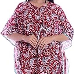 Women's Cotton Block Print Above Knee Kaftan (KS-93-107_Red & Green)-picture-3