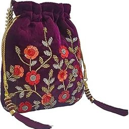Embroidered Women's Wine Floral Potli Bag Purse for Party Wedding-22