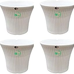 OSHIGREENS Plastic Plant pots, tancy 10 inches Round Flower pots with Design, Set of 4 Plant containers for Indoor & Outdoor Garden Home Decor (White)-image-3