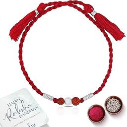 Unisex-Adult Pure 925 Silver Rudraksha Rakhi For Rakshabandhan | Stylish Silver Rudraksha Rakhi For Brother With Roli (Kumkum) Chawal (Rudraksh)-50