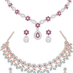 Rose Gold and Silver Polish Skyblue & Red AD Stone Studded Choker Necklace Combo Set with Earrings for Women and Girls-image-11