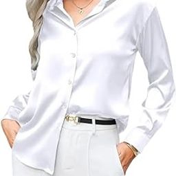 Womens Soft Satin Silk Button Down Shirts for Women Silky Long Sleeve Work Shirt Dress Blouses Tops-30