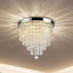 CRYSTA WORLD 3-W White K9 Crystal Chandelier Fixture,Modern Flush Mount Ceiling Light Fixtures Raindrop Chandelier for Bedroom,Dining Room,Living Room, H 10.5" x D 9"-picture-12