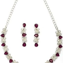 Princess Style AD Stone with Rhodium Plated Silver Red Choker Necklace with Drop Earring Jewellery Set For Women & Girls|NS107399-image-85