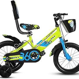 OXYGEN Kids Cycle Oxy360-14T BMX for Boys & Girls | Age 2-5 Years | Semi-Assembled | Strong Alloy Steel Frame | Neon Yellow | Safety Training Wheels | Adjustable Seat & Handlebar | Basket Included-24