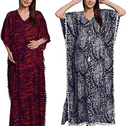 Printed Rayon Maternity Kaftan (Multicolor Pack of 2) Free Size/Feeding/Nursing/Zipper/Drawstring/Screen Print/Full Length-image-2