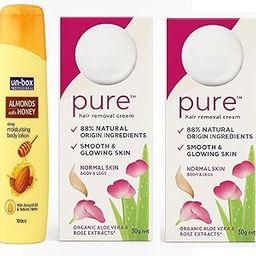 Un-box Professional Almonds with Honey Body Lotion, Deep Moisturising with Almond Oil, 100ml, Pure Hair Removal Cream with Aloe Vera and Rose Extracts for Normal Skin, 30g, Set of 2-3