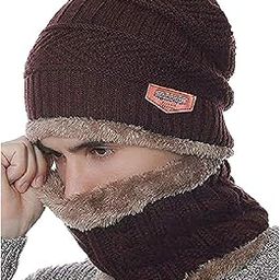 Winter Beanie Woolen Cap Hat Neck Scarf Set of 2 Warm Knitted Fur Inside for Men and Women-0