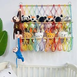 Zazza Home Decor - Macrame Wall Hanging Plush Toys Net Hammock Toy Organizer Adjustable Height for Nursery Living Room Bedroom (Colourful)-image-70