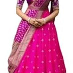 Women's Indian Traditional Unstitched Kanjivaram Kanchipuram Silk Pure Zari Weaving Lehenga Choli Along With Dupatta Attach With Unstitch Blouse Piece, Half Saree (HT53)-picture-16