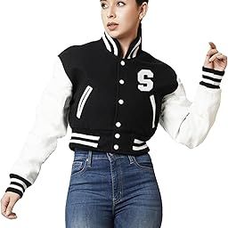 Cotton Blend A to Z Letter Embroidery Stylish Long sleeve Button Black Crop Varsity Jacket-image-23