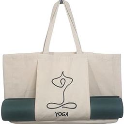 Yoga Mat Tote Bag, Canvas Carry Bag with Yoga Logo, Beige and Green-image-90