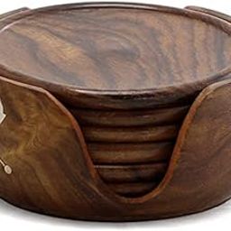 sk handicrafts Wooden Round Drink Coasters Set Of 6 With Decorative Holder | Tabletop Coasters For Tea Coffee Cups. (Brown) 3.5 Inch (Lotus)-27