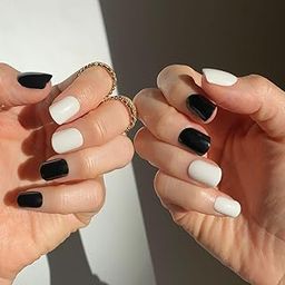 Set Of 14Pc, Press On, Glossy Black and White, Short Square Shaped, Nail Extensions With Free Glue-7