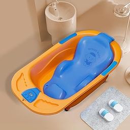 StarAndDaisy Baby Bath Tub with Temperature Sensor for New Born Baby Kids of 0 to 3 Years Anti-Slip Kids Bathtub for Baby Shower, Baby Bather - with Wheel (Orange-Blue)-image-62