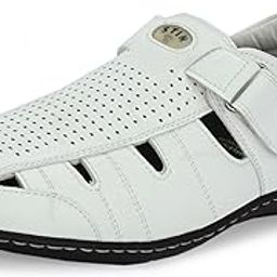 Men's White Leather Casual Slip On Sandals-42