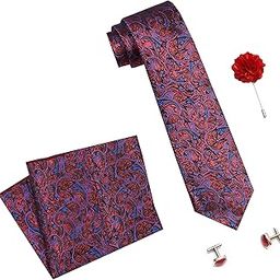Formal/Casual Printed Polyester Necktie Set with Pocket Square, Brooch Pin and Cufflinks for Men With Box (Free Size, Red-Blue)-3