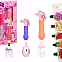 SAMVARDHAN Stainless Steel Unicorn Tableware Set of Feeding Fork and Spoon for Kids Combo with 1 pc Hair Clip-image-91