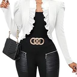 Women's Open Front Ruffle Trim Jacket Puff Sleeve Crop Work Office Blazer Outerwear | Women Jacket Style Full Sleeves Shrug | Women's Koti-3