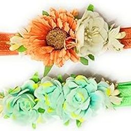 CRAnsh Creations;Crafted with Love Handmade Floral cotton blend head bands for newborn baby girls (0-2 years) clothing accessories Pack of 2 (Orange & green, S)-image-142