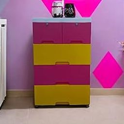 The Tickle Toe Plastic Chest of 5 Drawers | Kids Storage Organizer for Clothes & Toys | Lockable & Portable Cabinet | 51L x 33W x 82H cm | Yellow & Pink-24