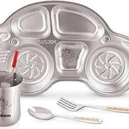 LiLLMONKiDZ Stainless Steel Plates Tableware for Kids | Creative Shape Plates Set | Compartment Plate Set with Glass, Spoon and Fork | (Car) - Kid's Dinner Set-picture-28