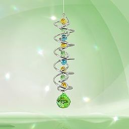 FONMY Gazing Ball Spiral Tail -Decorative Wind Spinner Sun Catcher Rainbow Maker Double-Spiral W/Green Crystal Ball and Chain Crystals for Indoor Outdoor Garden Decoration -14 inch Height-image-41