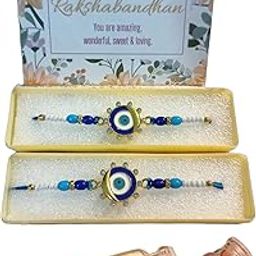 IKBOE Greetsy Combo Set of 2 Happy Rakshabandhan Cards with Designer Rakhis for Brother | Roli Chawal | Evil Eye Nazar Blue Beads Rakhis-image-58