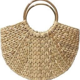 Habere India-All the Cultures Fabricating India Straw Tote, Small Basket, Bamboo Beach Bag for Women, Boho Kauna Handbag, Half Moon - Contemporary, Beige-image-77