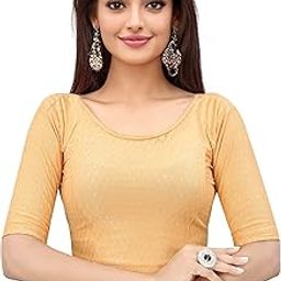 Round Neck Readymade Women's Blouse Dobby Stretchable Elbow Sleeve Readymade Saree Blouse for Women Plain Summer Design-image-98
