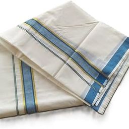 MITHIKA Kerala BLENDED Cotton Dhoti, White with PECOCK Blue and Golden Border, Traditional Ceremonial Wear,KERALA DOUBLE MUNDU,-56