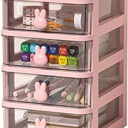 House of Quirk 4 Tier Transparent Cosmetic Jewelry Box, Office Desktop Drawer Storage Box, Plastic Multi-Layer Small Storage Box (Pink)-18