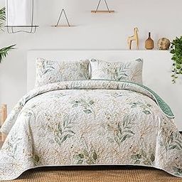 3 Pieces Queen Quilt Set, Botanical Green Leaves Reversible Bedding Soft Microfiber Bedspread Bed Cover for All Season (90" x 90", 1 Quilt+ 2 Pillow Shams)-image-38