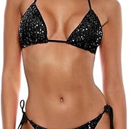 Women's Shiny Triangle Bikini Set Sequin Halter String Backless Tie Side Two Piece Swimsuit Bathing Suit-picture-15