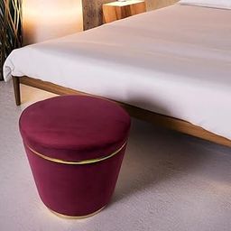 Teak Wood Art Velvet Luxurious Sitting Stool with Footrest for Living Room and Bedroom, Sofa Side Stool, Wooden Small Ottoman Footrest Stool- Maroon-image-3