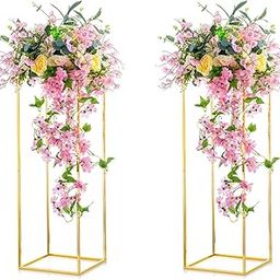 Pack of 2 Gold Colour Without Flower vases for Wedding Centerpiece Tables, Metal Flower Floor vase Column, Flower Stand, 40 cm high Geometric Flower vase, Square Shape,...-16