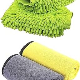 MAISON Microfiber Car Wash Mitt & Cleaning Cloth, 2 Dust Towels & Mitt Home, Office, Car Wash, Kitchen Cleaning Set (2 Pic Gloves 900 GSM+ 2 Pic (40X40 CM Dual Color 900 GSM Microfiber Cloth)-2