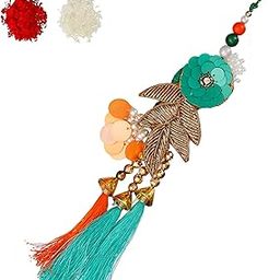 Traditional Handmade Lumba Rakhi Jari Work Flowers Design Bhabhi Kda Bengal Rakhi For Rakshabandhan Multi Color Dora Rakhis For Bhabhi Roli Chawal Pack-picture-13