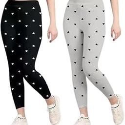 Sri Gv Women's & Girl's Slim Fit Heart Printed Stretchable Mid Rise Jeggings - Black&Light Grey, Ankle Length With (Free Size Pack Of 2) (Multi Colour & Waist 26 To 34)-image-33