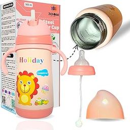 ZoZoBaa 2 in 1 Double Walled Vacuum SS304 Steel Baby Sipper, Heat Protective, Leakproof, Odourless,BPA Free|Thermosteel Insulated Bottle with Nipple, Weighted Straw, Handle, 300 ml, Pink-picture-17